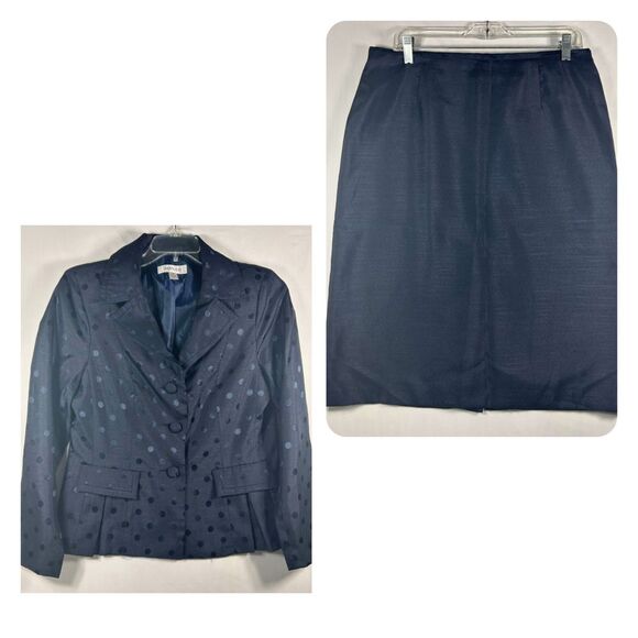 Danillo Navy Blue Polka Dot Blazer Skirt Suit Set‎ Business Wear Womens 10 - Picture 1 of 16